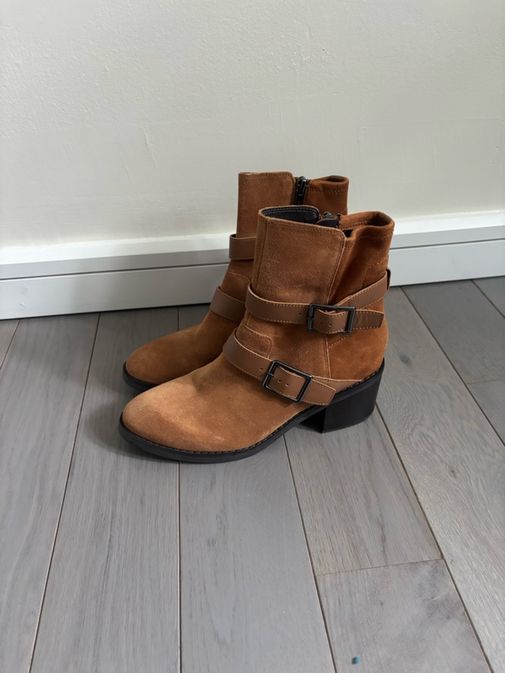 Women's Suede Buckle Ankle Booties in Cognac